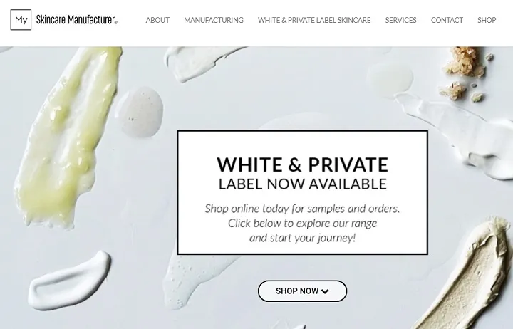 Homepage of My Skincare Manufacturer featuring a promotion for white and private label products with skincare cream samples on the background.